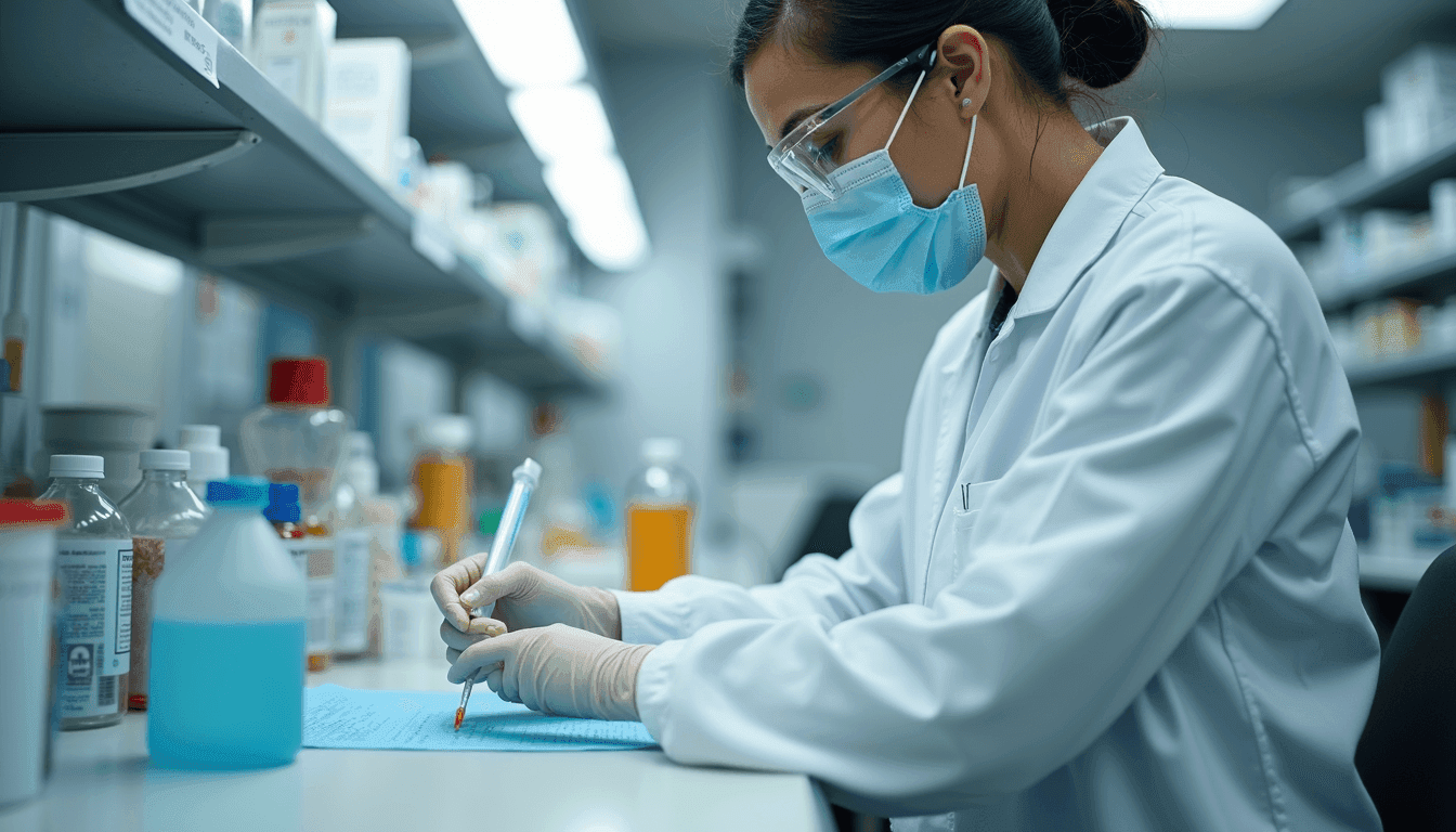 Close-up view of pharmacist preparing medication in a compounding lab