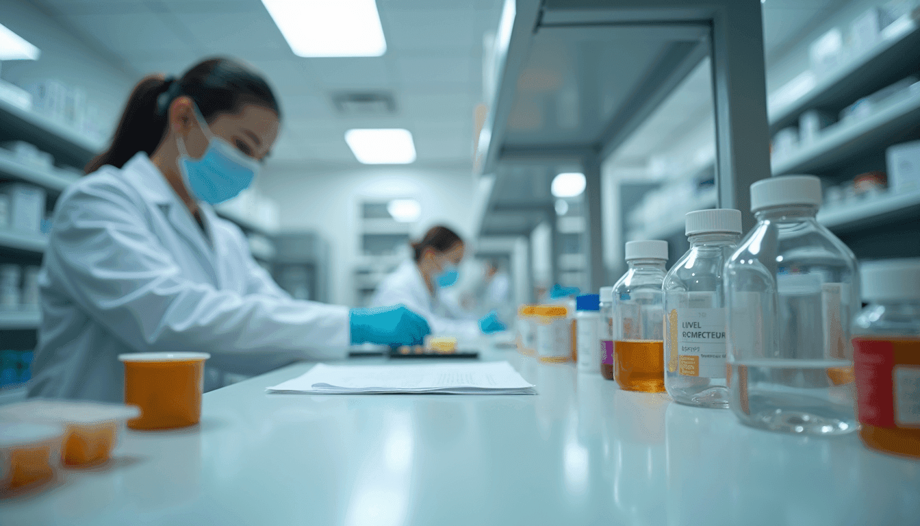 Eye-level view of a compounding pharmacy workstation with medication ingredients