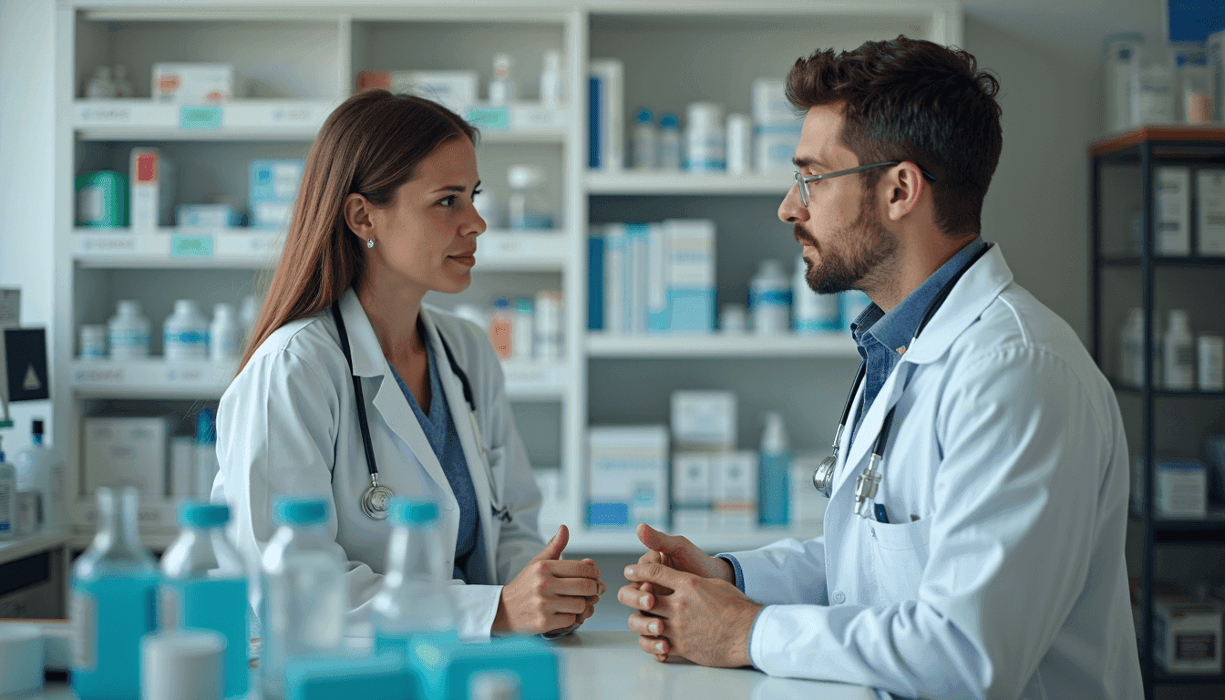 High angle view of a pharmacist consulting with a patient in a pharmacy