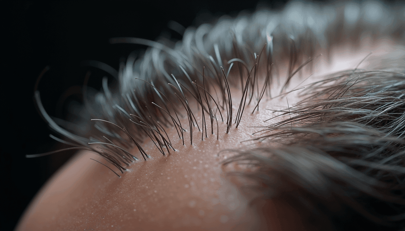 Close-up view of scalp showing hair follicles