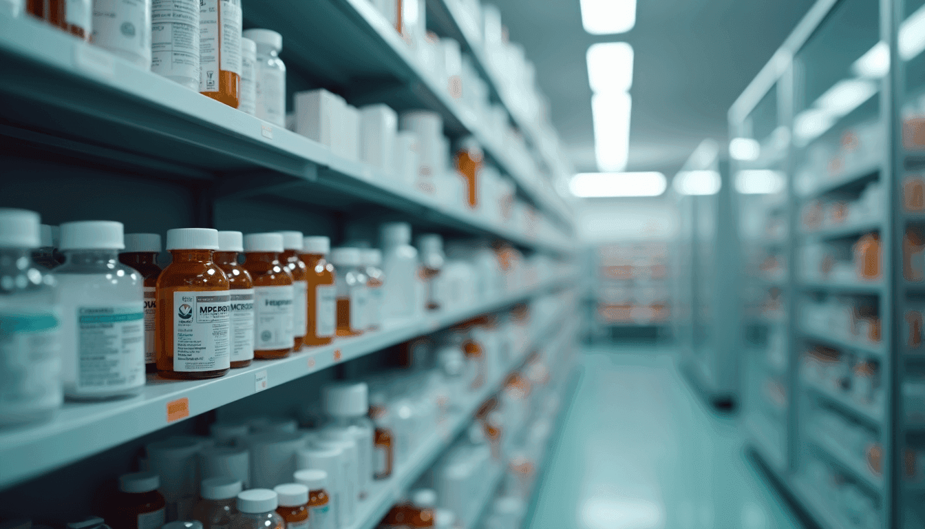 Eye-level view of pharmacy shelves with various medication bottles and compounding supplies