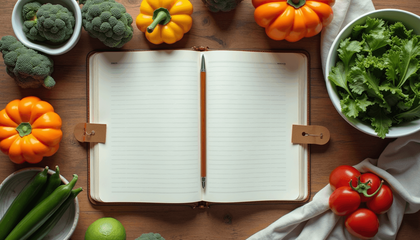 High angle view of a person writing in a food journal with a healthy meal nearby