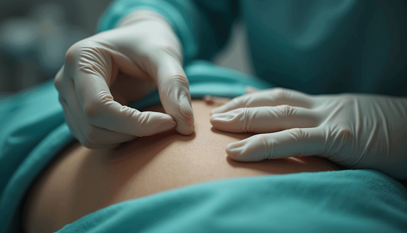 High angle view of a person pinching skin on the abdomen for injection