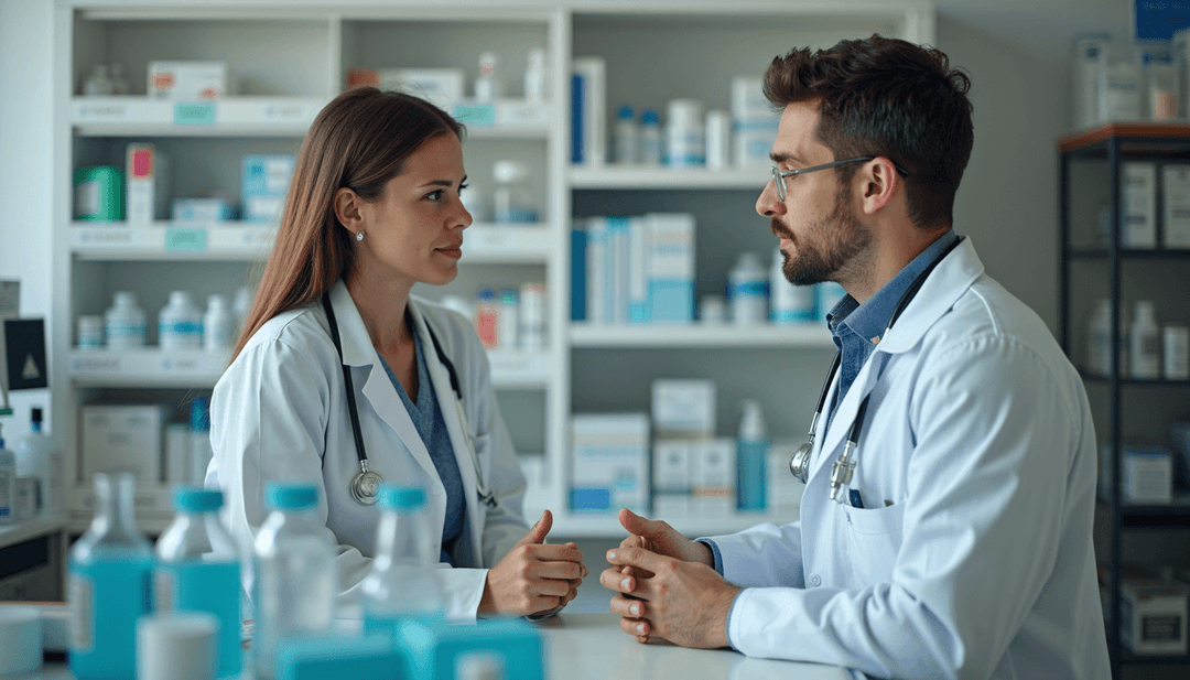 High angle view of a pharmacist consulting with a patient in a pharmacy