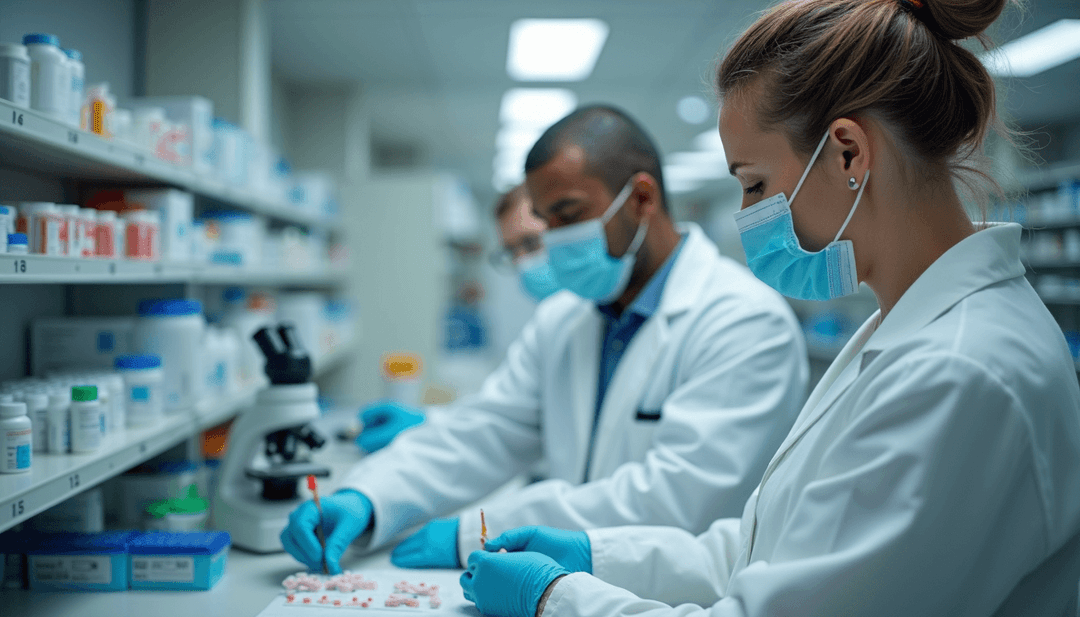 Close-up view of pharmacy technician preparing medication in a compounding lab